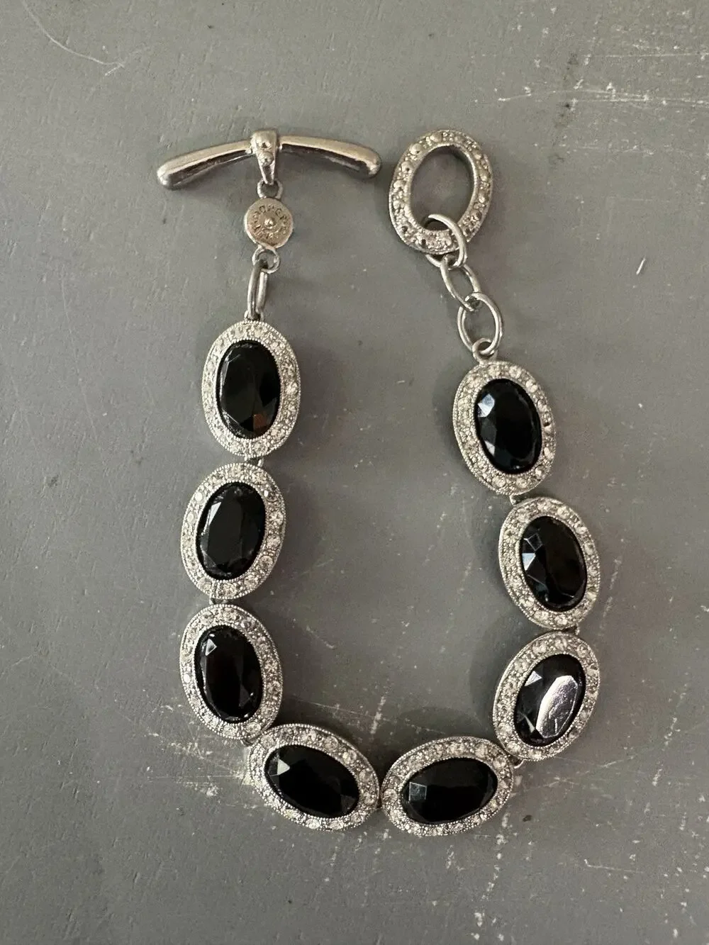 Vintage Monet Faceted Black Glass and Clear Rhinestone Toggle Clasp Bracelet